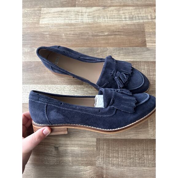 NWOT ASOS Kiltie Fringe Tassel Suede Navy Loafer Shoes size 9 - Picture 2 of 6